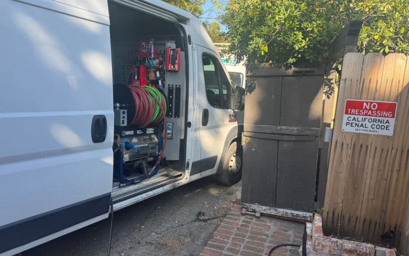 Hydro jetting setup at a residential property in the Hollywood Hills